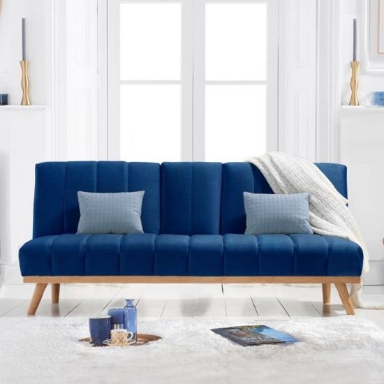 Saffron Velvet Upholstered 3 Seater Fold Down Sofa Bed In Blue