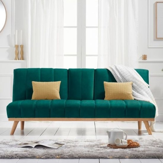 Saffron Velvet Upholstered 3 Seater Fold Down Sofa Bed In Green