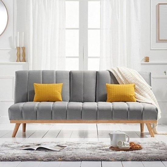 Saffron Velvet Upholstered 3 Seater Fold Down Sofa Bed In Grey