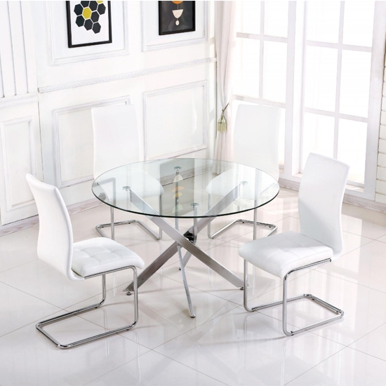 Samurai Large Clear Glass Dining Set With 4 White Pu Chairs