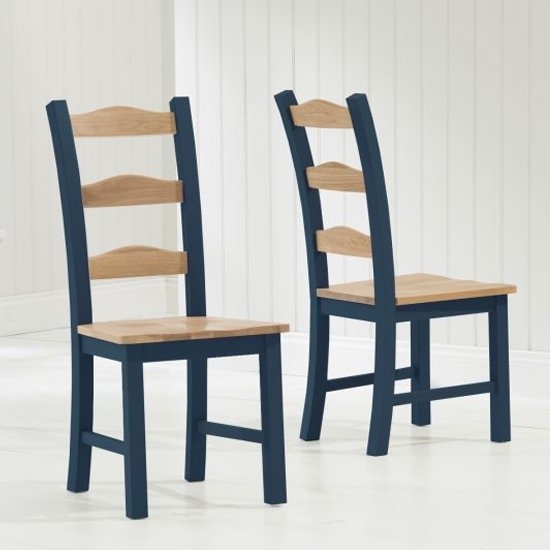 Sandringham Oak And Blue Wooden Dining Chairs In Pair