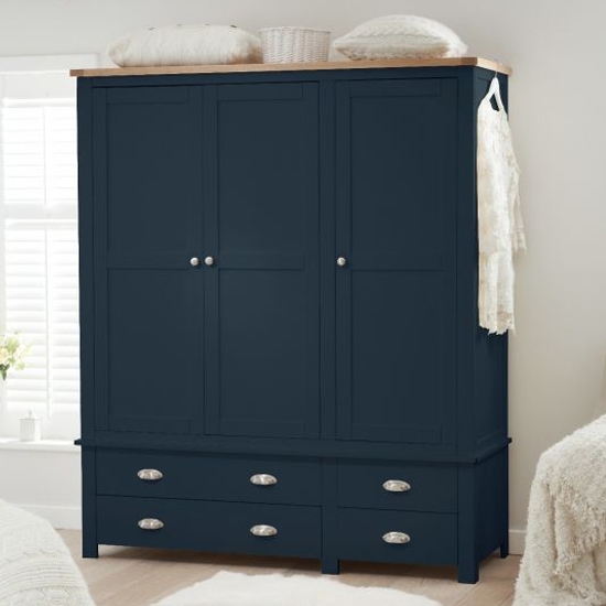 Sandringham Wooden 3 Doors And 4 Drawers Wardrobe In Oak And Blue