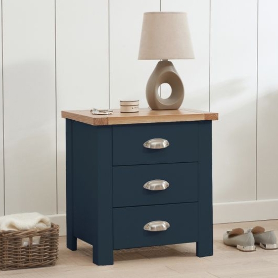 Sandringham Wooden 3 Drawer Bedside Cabinet In Oak And Blue