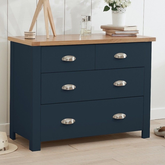 Sandringham Wooden Chest Of 4 Drawers In Oak And Blue