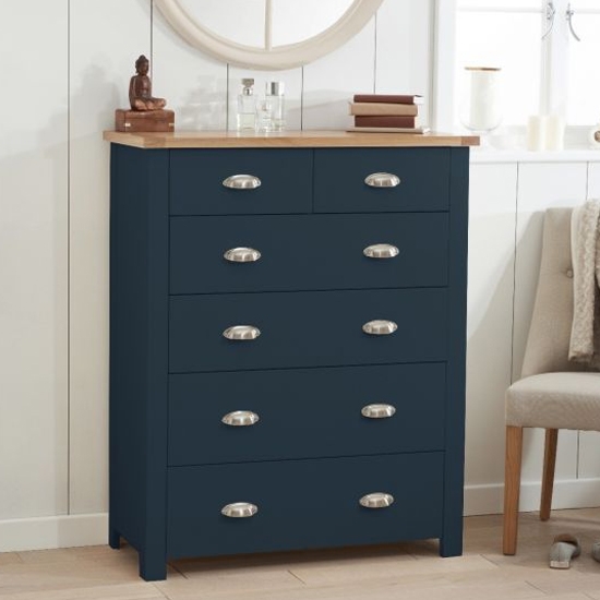 Sandringham Wooden Chest Of 6 Drawers In Oak And Blue