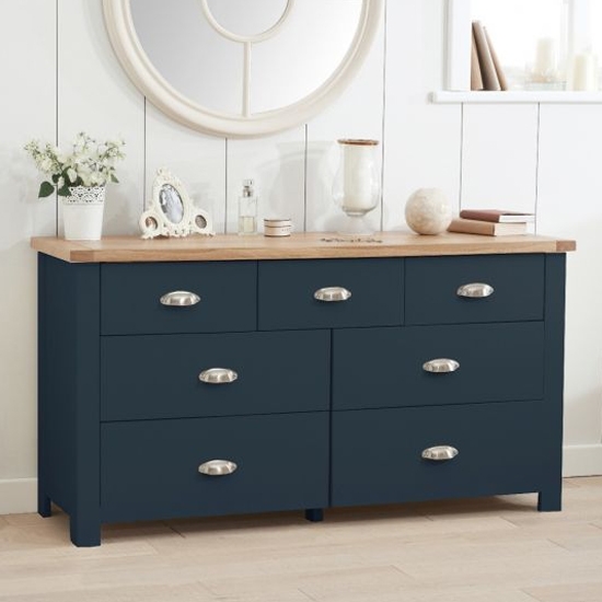 Sandringham Wooden Chest Of 7 Drawers In Oak And Blue