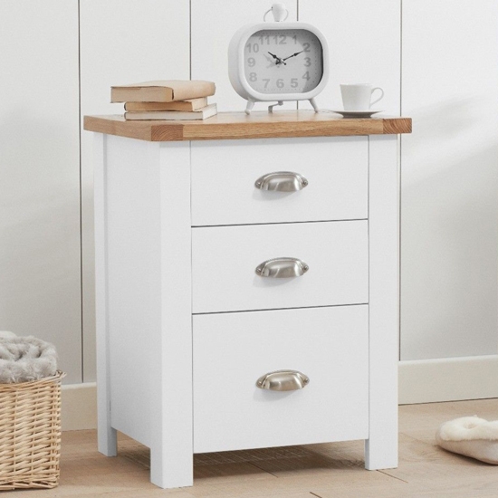 Sandringham Wooden Tall 3 Drawer Bedside Cabinet In Oak And White