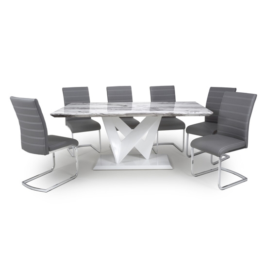 Saturn Large Gloss Grey White Marble Effect Dining Table With 6 Callisto Leather Grey Dining Chairs