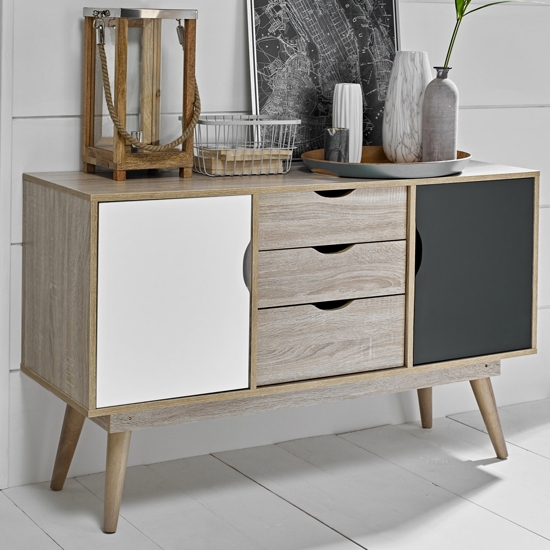 Scandi Oak Wooden Sideboard With 1 Grey And 1 White Doors 3 Drawers