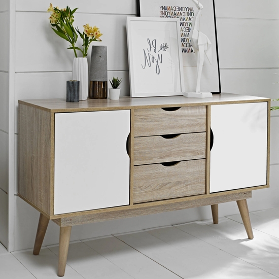 Scandi Oak Wooden Sideboard With 2 White Doors And 3 Drawers