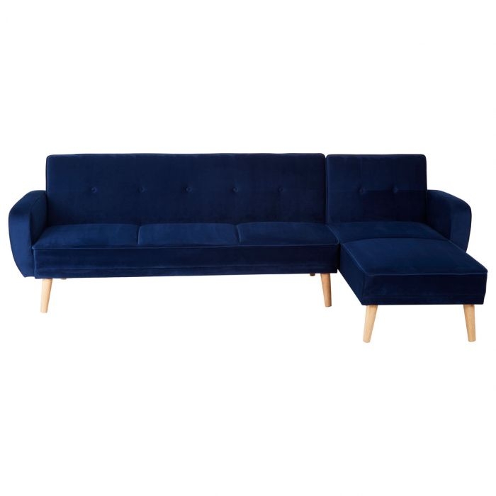 Serene Velvet Upholstered 3 Seater Sofa Bed In Navy Blue With Rubberwood Legs
