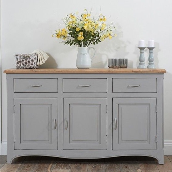 Sienna 3 Doors 3 Drawers Sideboard In Grey With Oak Top
