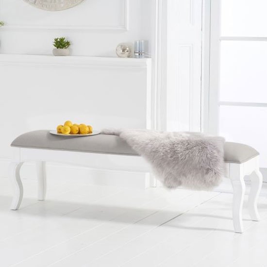 Sienna Large Fabric Upholstered Dining Bench In White And Grey