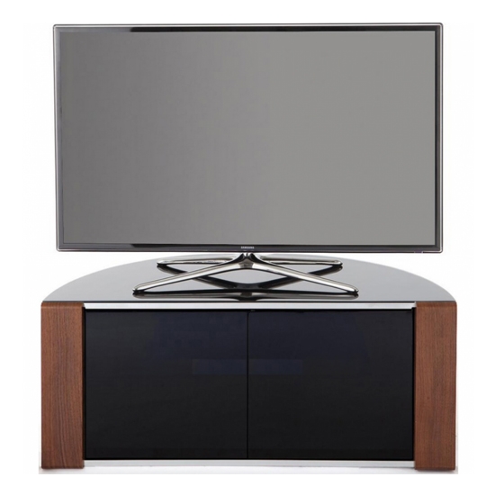 Sirius Corner Tv Stand In Black High Gloss And Oak Walnut With Push Release Doors