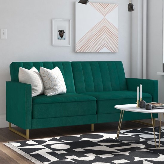 Novogratz Skylar Velvet Upholstered Sofa Bed In Green With Gold Metal Legs