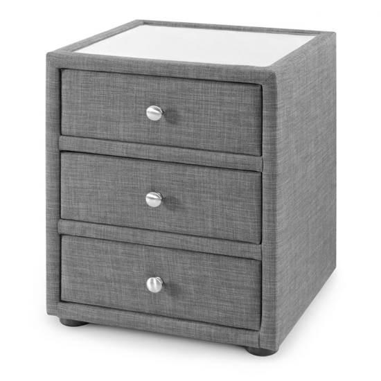 Sorrento Linen Upholstered 3 Drawers Bedside Cabinet In Slate Grey