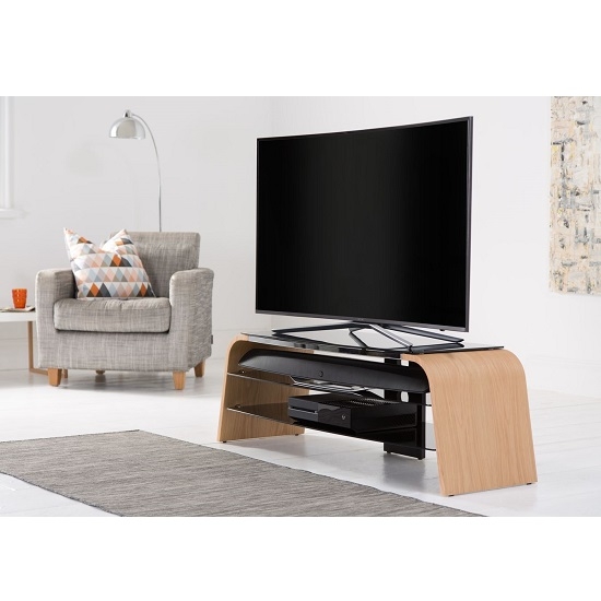 Spectrum Medium Wooden Tv Stand In Light Oak With Black Glass