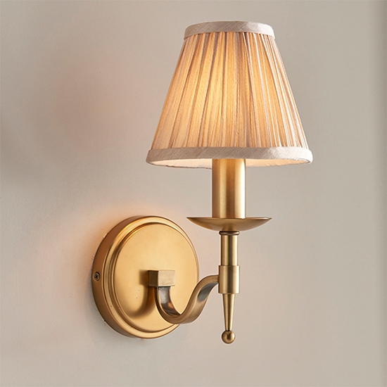 Stanford Single Beige Shade Wall Light In Antique Brass