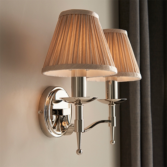 Stanford Twin Beige Shade Wall Light In Polished Nickel