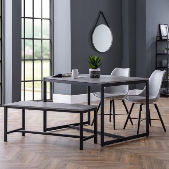 Staten Concrete Effect Dining Table With Bench And 2 Kari Grey Chairs