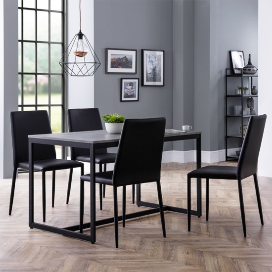 Staten Dining Table In Concrete Effect With 4 Jazz Black Chairs