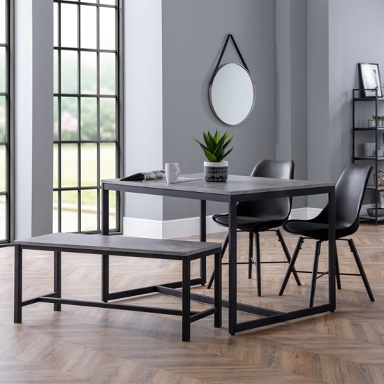 Staten Dining Table In Concrete Effect With Bench And 2 Kari Black Chairs
