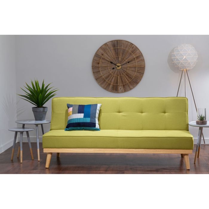 Stockholm Fabric Upholstered 3 Seater Sofa Bed In Green With Rubberwood Legs