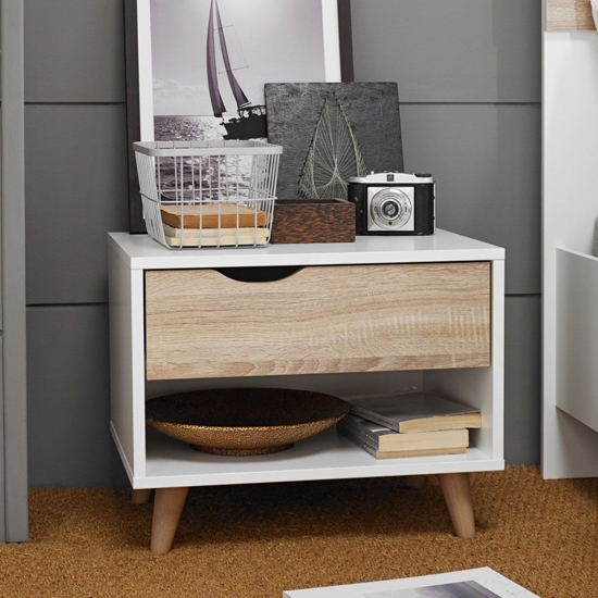 Stockholm Wooden Bedside Table In Oak And White With 1 Drawer