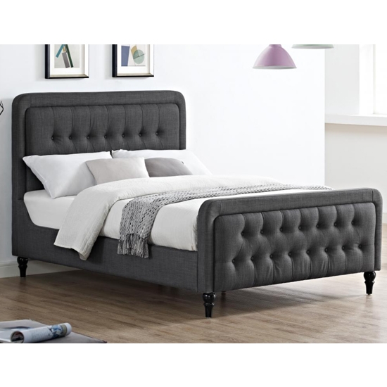 Tahiti Linen Fabric King Size Bed In Grey With Black Wooden Legs