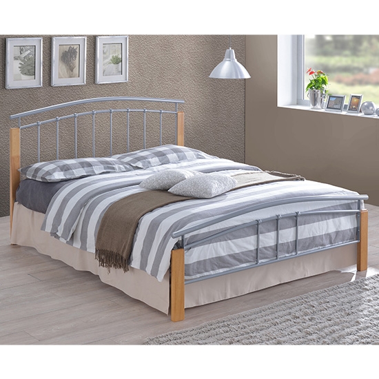 Tetras Metal Double Bed In Silver And Oak Wooden Frame