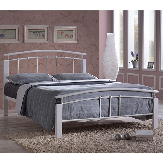 Tetras Metal Double Bed In White And Oak Wooden Frame