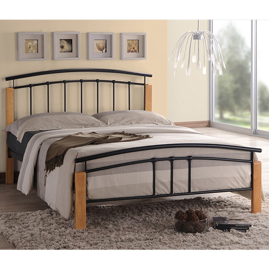 Tetras Metal Small Double Bed In Black And Oak Wooden Frame