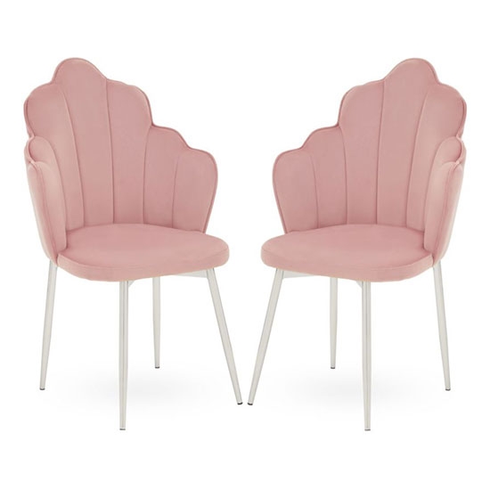 Tian Pink Velvet Dining Chairs With Chrome Tapered Legs In Pair