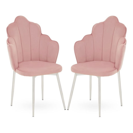 Tian Pink Velvet Dining Chairs With Chrome Tapered Legs In Pair