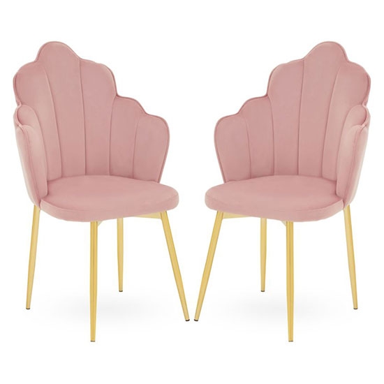 Tian Pink Velvet Dining Chairs With Gold Tapered Legs In Pair
