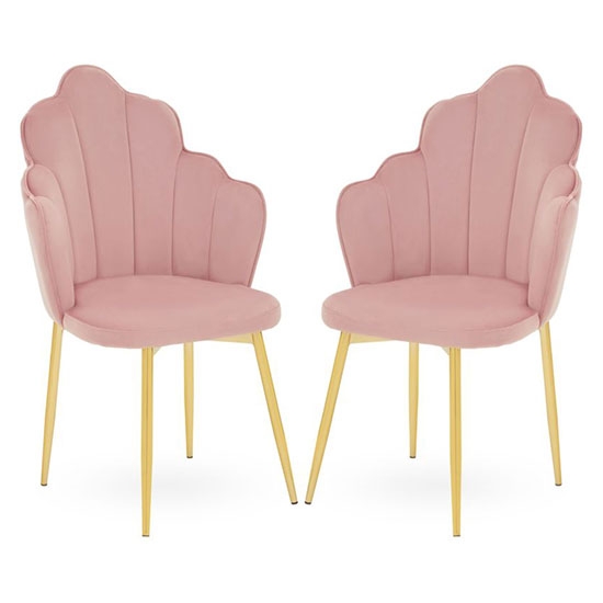 Tian Pink Velvet Dining Chairs With Gold Tapered Legs In Pair