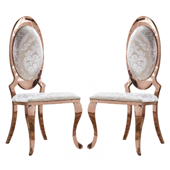 Tuscany White Fabric Dining Chairs In Pair With Rose Gold Legs