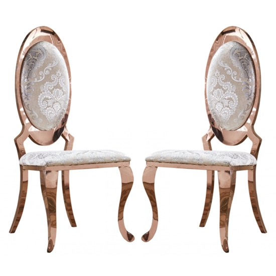 Tuscany White Fabric Dining Chairs In Pair With Rose Gold Legs