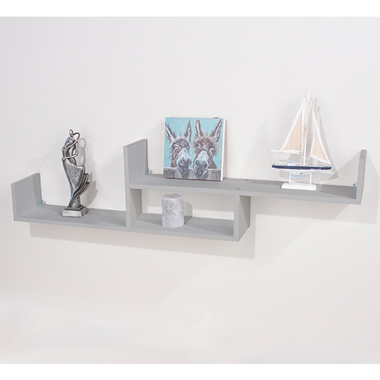 Tweed Floating Wooden 2 Tier Wall Shelf In Light Grey