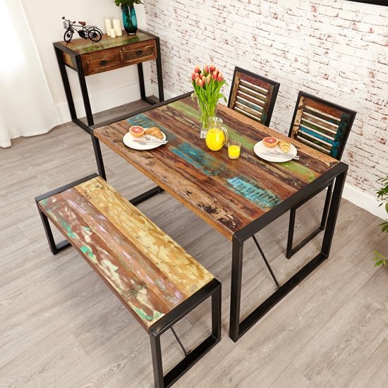 Urban Chic Small Wooden Dining Table With 1 Bench And 2 Chairs