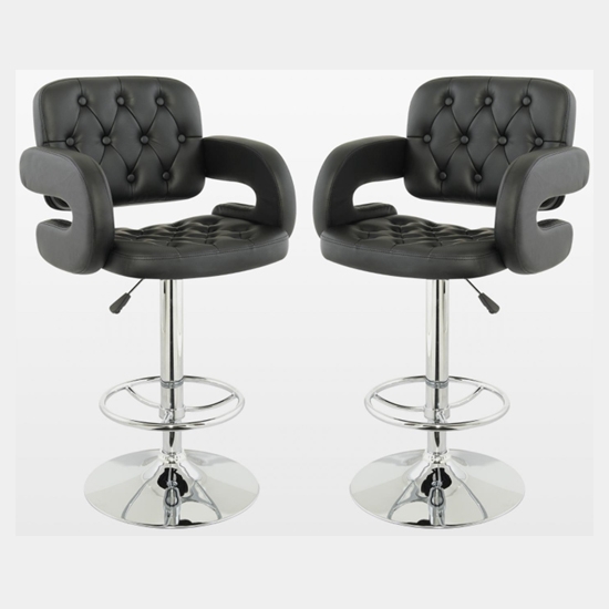 Utah Black Faux Leather Bar Stools With Chrome Metal Base In Pair