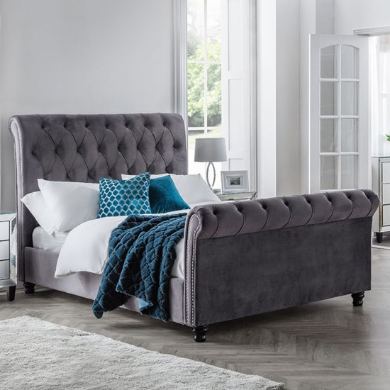 Valentino Velvet Upholstered Double Bed In Grey