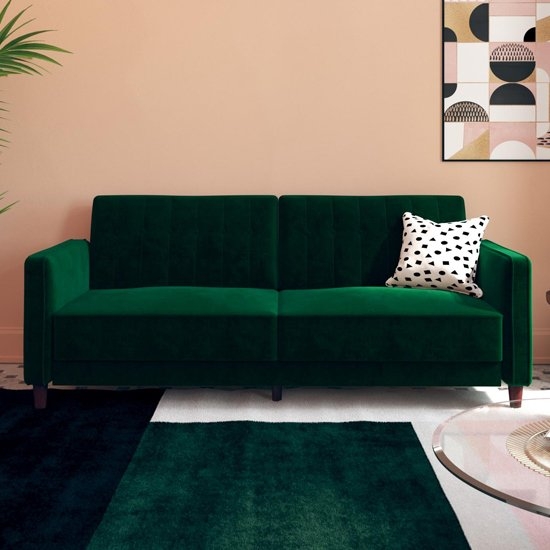 Pin Tufted Transitional Futon Velvet Green Sofa Bed