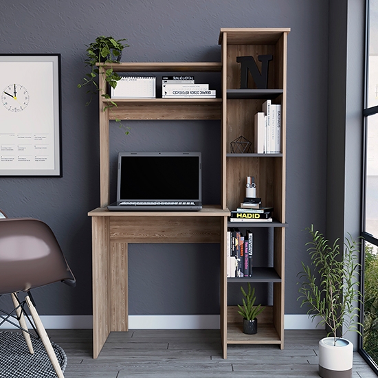 Vegas Tall Wooden Computer Desk With Storage Unit In Bleached Oak Effect