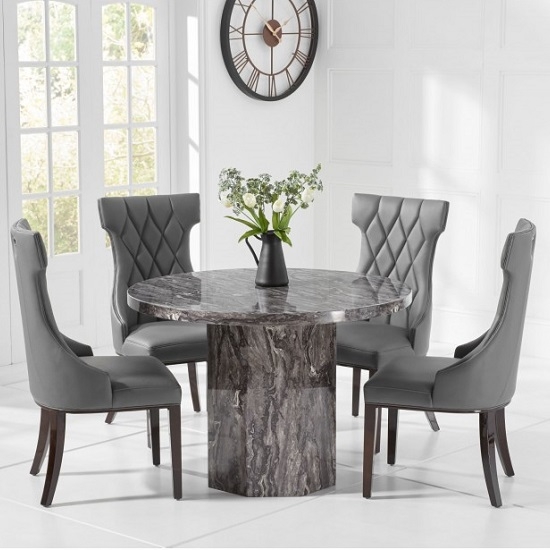 Venezia Round Marble Dining Table In With 4 Rome Grey Chairs