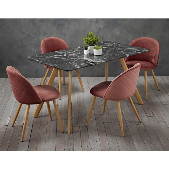 Venice Black Marble Effect Wooden Dining Set With 4 Pink Chairs