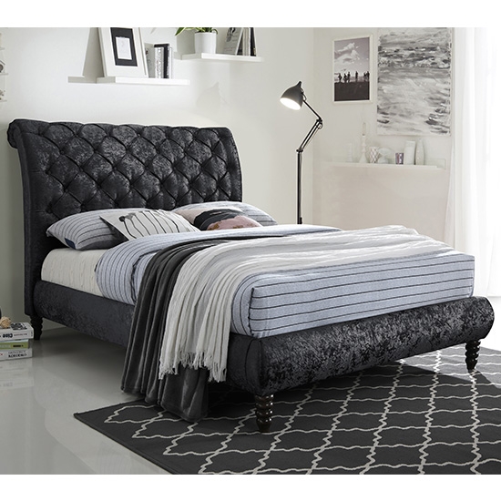 Venice Velvet Upholstered Double Bed In Black