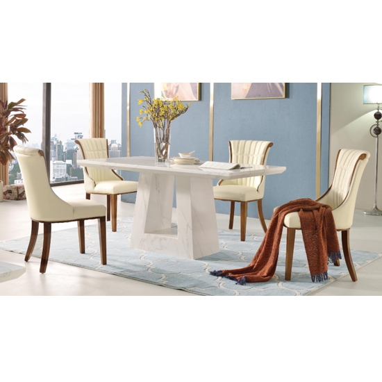 Venice White Marble Dining Set With 4 Pu Wooden Chairs