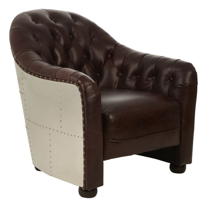 Victor Genuine Leather Classic Armchair With Buttoned Back In Brown