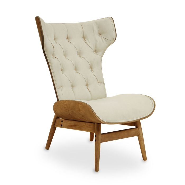 Vinsi Fabric Upholstered Bedroom Chair In Beige With Winged Back